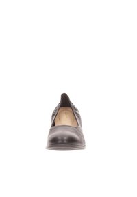 Black leather shoe with a rounded toe, slip-on design, and a smooth texture. Interior features a padded insole with brand logo.