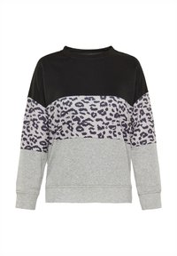 Mikina s barevnými bloky v černé, šedé a světle šedé barvě, se šedým leopardím motivem. Vyrobena z měkké, texturované látky. Klasický kulatý výstřih.