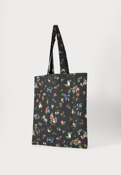 Geantă din material textil negru, cu imprimeu floral multicolor, două mânere rezistente pentru umăr, formă rectangulară și textură netedă.