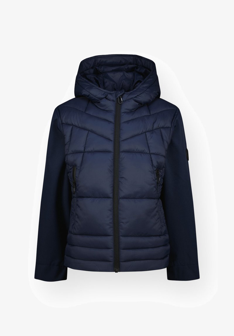 Ναυτικό padded μπουφάν με κουκούλα, που διαθέτει διαγώνιο ραμμένο σχέδιο, κλείσιμο με φερμουάρ μπροστά και δύο πλευρικές τσέπες με φερμουάρ. Μάλακο υλικό.