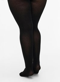 Crne neprozirne tajice glatke teksture koje pokrivaju noge od struka do prstiju, s ujednačenim dizajnom bez uzoraka ili ukrasa.