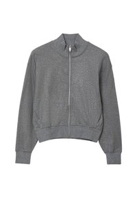 Giacca sportiva grigia con zip, colletto alto, maniche lunghe e polsini a coste. Tessuto liscio con una leggera lucentezza. Design accorciato.