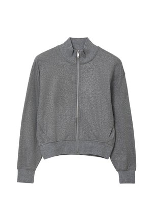 Grau zipfelbarer Sportjacke mit hohem Kragen, langen Ärmeln und gerippten Bündchen. Glatte Oberfläche mit leichtem Glanz. Kürzerer Schnitt.