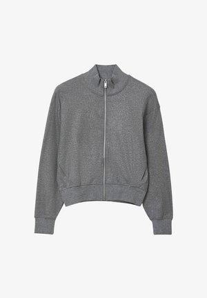 Grau zipfelbarer Sportjacke mit hohem Kragen, langen Ärmeln und gerippten Bündchen. Glatte Oberfläche mit leichtem Glanz. Kürzerer Schnitt.