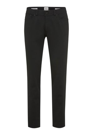 Pantaloni neri slim-fit realizzati in tessuto elasticizzato. Presentano passanti per cintura, chiusura a bottone e quattro tasche. Texture liscia senza pattern.