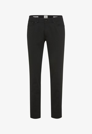 Pantaloni neri slim-fit realizzati in tessuto elasticizzato. Presentano passanti per cintura, chiusura a bottone e quattro tasche. Texture liscia senza pattern.