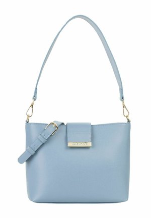 Light blue Valentino handbag with detachable shoulder strap, gold-tone hardware, and a front flap closure.