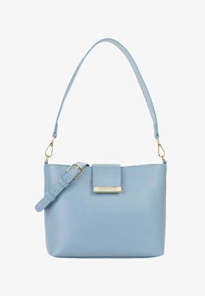 Light blue Valentino handbag with detachable shoulder strap, gold-tone hardware, and a front flap closure.