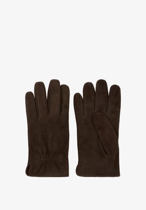 Brown suede gloves with a smooth texture, featuring five fingers and gathered wrist detailing for a snug fit.