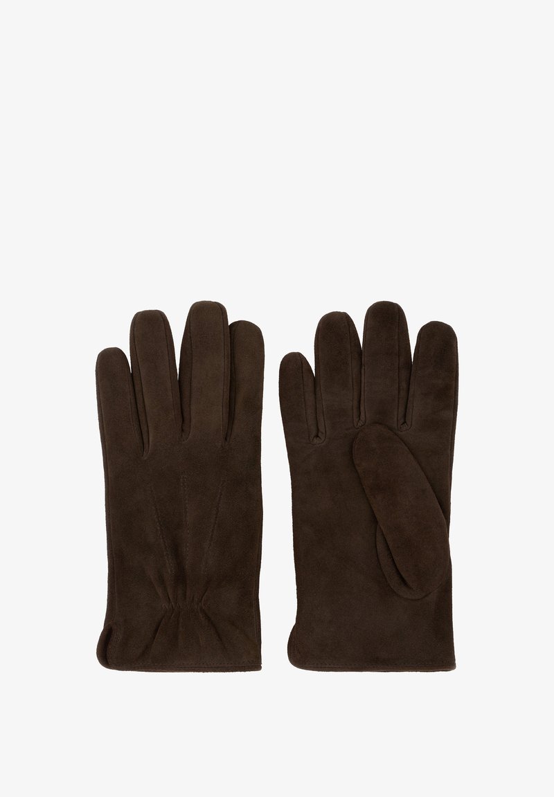 Bruna mockaskinnshandskar med en slät yta, med fem fingrar och en rynkad handled för en perfekt passform.