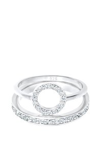 Sølvring sæt i sterling sølv med to ringe, en med en rund sten accent, og den anden prydet med små klare sten langs ringen.