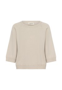 Licht beige gebreide trui met een ronde halslijn, driekwartmouwen en gehaakte randdetails. Zachte textuur en een ontspannen pasvorm.
