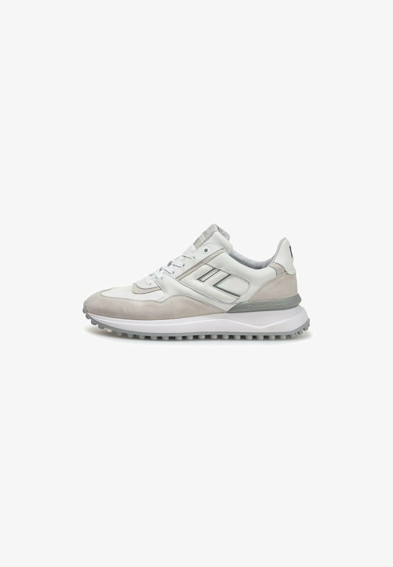 White and light gray sneakers with a mixed material upper of leather and suede, textured accents, lace-up design, and a rubber outsole.