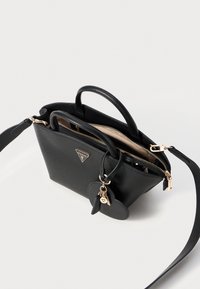 Black synthetic handbag with a structured design, gold hardware accents, dual top handles, a detachable strap, and a heart-shaped keychain.