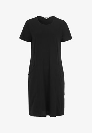 Sort kortærmet kjole lavet af blødt stof, med rund halsudskæring og to sidelommer. Lige snit med en afslappet pasform.