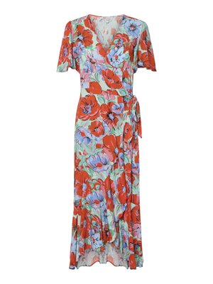 Floral wrap dress with short sleeves, featuring large red and blue flowers on a mint green background. Lightweight fabric, flowing silhouette.