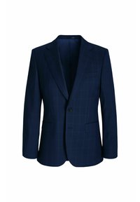 Granatowa marynarka o dopasowanym kroju z delikatnym wzorem w kratę, zapinana na pojedynczy guzik, z dwiema przednimi kieszeniami. Wykonana z wysokiej jakości mieszanki wełny.