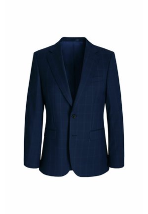 Granatowa marynarka o dopasowanym kroju z delikatnym wzorem w kratę, zapinana na pojedynczy guzik, z dwiema przednimi kieszeniami. Wykonana z wysokiej jakości mieszanki wełny.