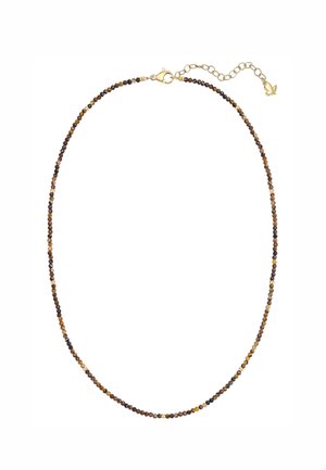 Delicata collana di perline con piccole perle marroni e dorate e chiusura regolabile in oro con prolunga a catena su sfondo bianco.
