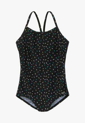 Schwarzer Badeanzug mit dünnen Trägern, der ein verstreutes, mehrfarbiges Streudekor in lila, grün, rosa und blau aufweist. Glattes Material.