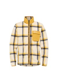 Giacca in pile color crema con motivo a quadri giallo e blu navy. Presenta un colletto alto, zip completa e una tasca sul petto con dettagli del logo.