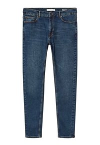 Jean en denim bleu foncé avec une coupe slim. Il dispose de cinq poches, d'une fermeture à bouton argenté et d'accents de couture jaune le long des coutures.