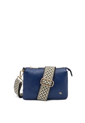 Borsa a tracolla in pelle blu navy con cerniera dorata, tracolla regolabile con motivo e fibbia, e piccolo logo dorato sulla parte anteriore in basso a destra.