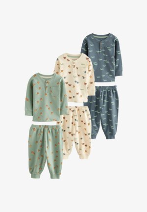 Drei Sets gerippter Langarmoberteile und Hosen mit Tierdrucken in Grün, Creme und Blau für Kinder.