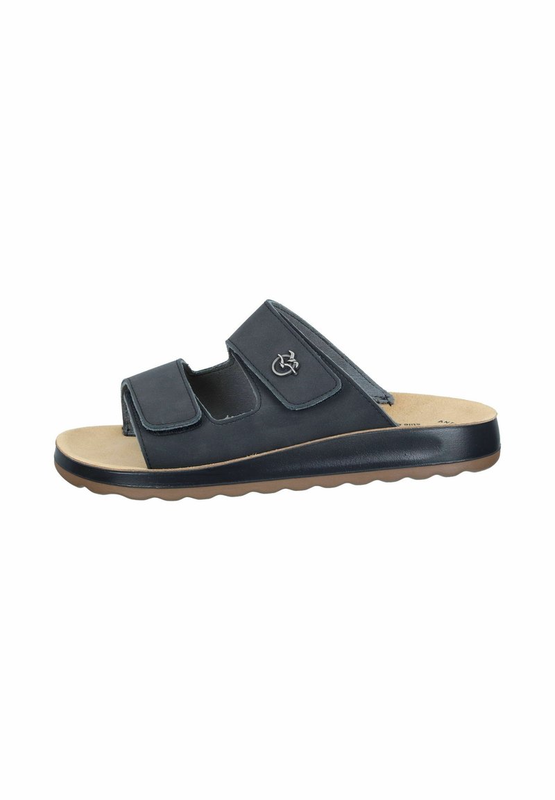Sorte sandaler med to justerbare stropper, lavet af glat læder, med en polstret sål og en rillede gummisål.