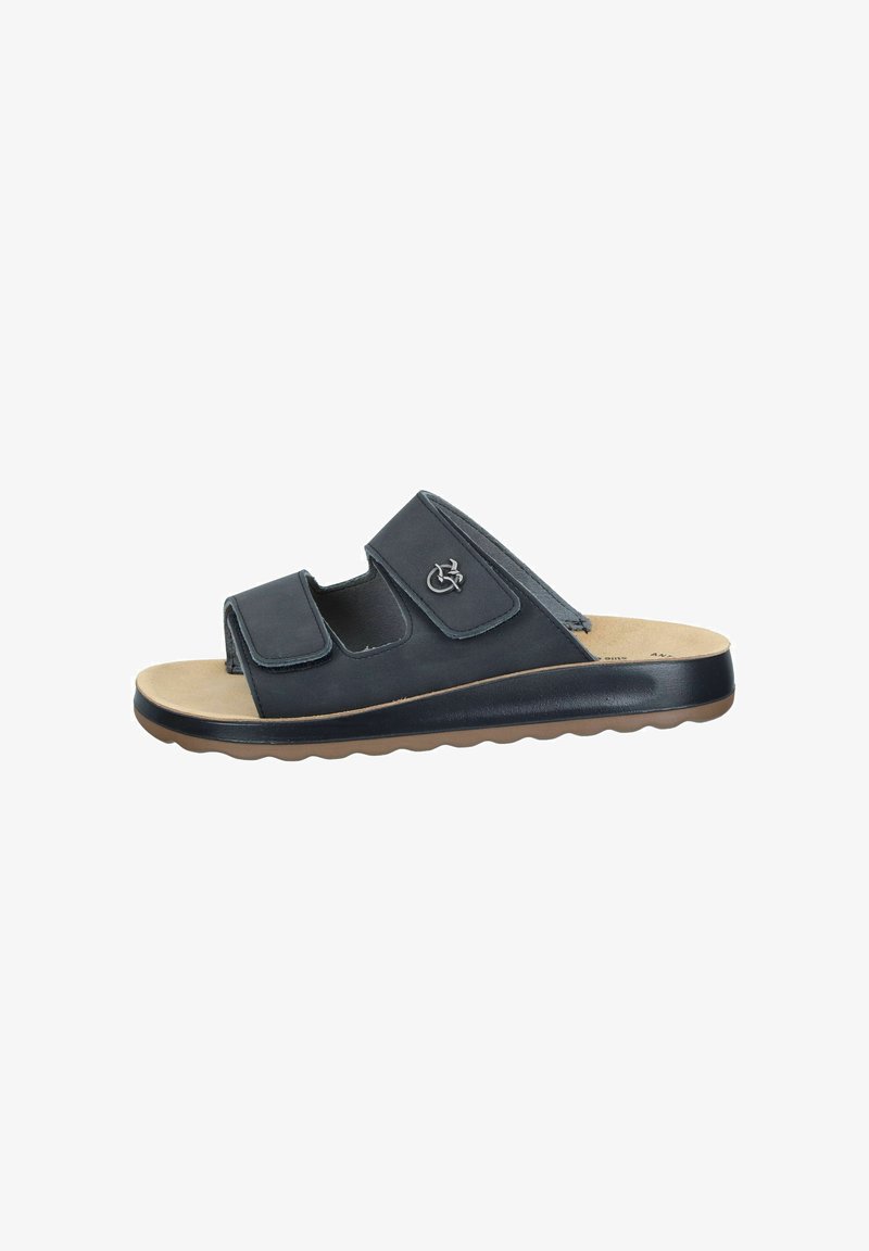 Sorte sandaler med to justerbare stropper, lavet af glat læder, med en polstret sål og en rillede gummisål.
