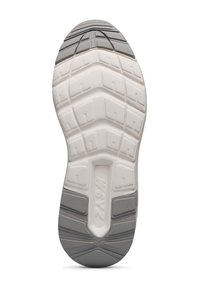 Suola di scarpa sportiva con un motivo texturizzato a zigzag. Predominantemente bianca con accenti grigi. Materiale in gomma flessibile per un'ottima aderenza.