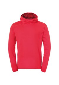 Felpa con cappuccio rossa realizzata in materiale morbido, con maniche lunghe e colletto alto. Il logo "uhlsport" è stampato sulla parte frontale.