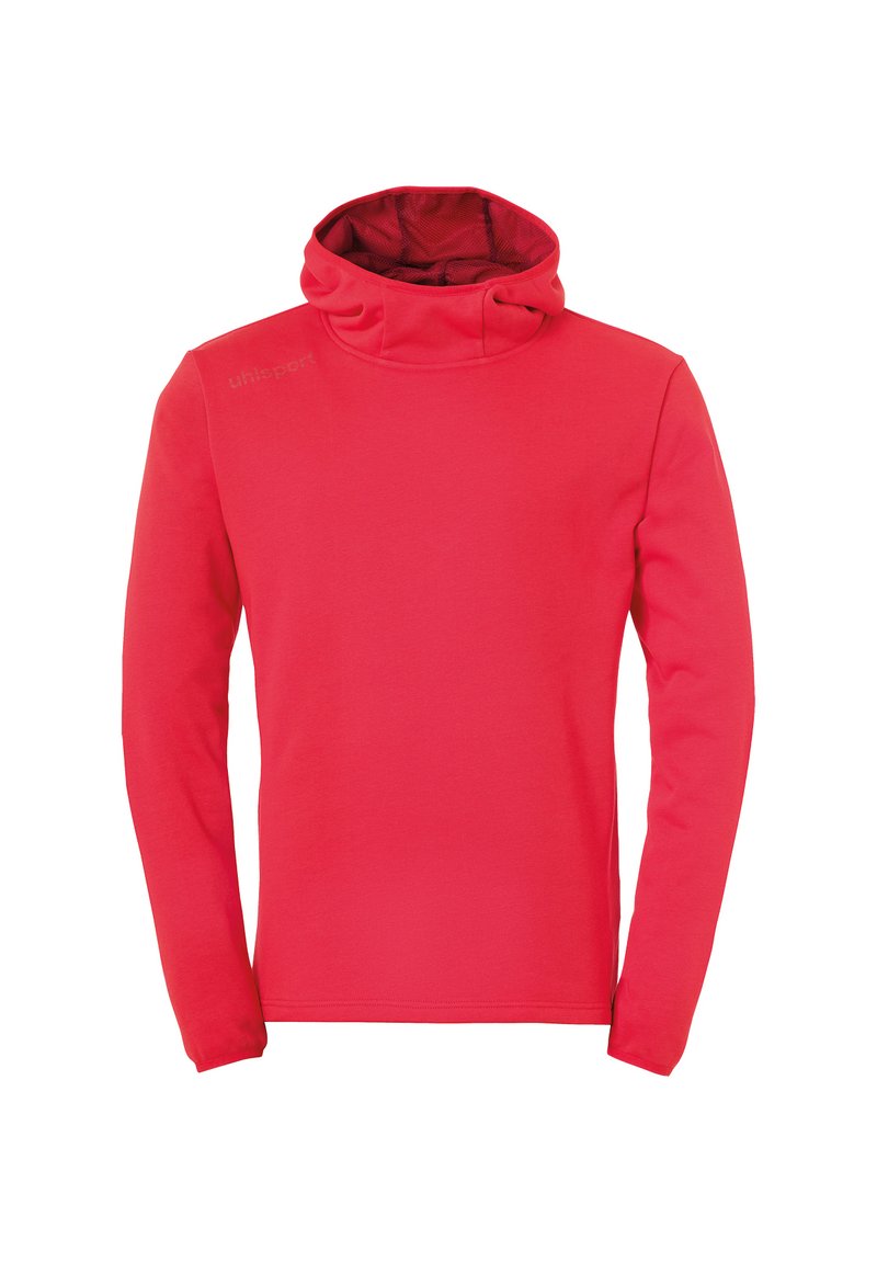 Felpa con cappuccio rossa realizzata in materiale morbido, con maniche lunghe e colletto alto. Il logo "uhlsport" è stampato sulla parte frontale.