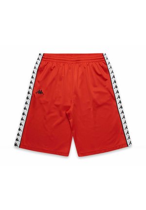 Pantaloni sportivi rossi realizzati in tessuto leggero, con logo nero, strisce bianche laterali con accenti neri ripetuti e vita elastica.