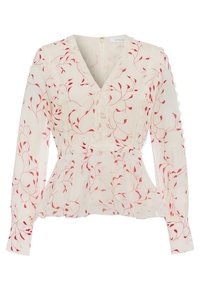 Blusa bianca con motivo a foglie rosse, scollo a V, dettagli in pizzo, maniche lunghe e vita arricciata. Tessuto leggero e trasparente.