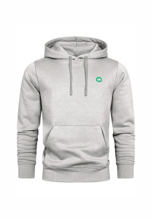 Hellgrauer Kapuzenpullover mit Vordertasche, Kordelzug und kleinem grünem rundem Logo auf der linken Brust.