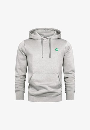 Felpa grigia chiaro con cappuccio, tasca frontale, coulisse e piccolo logo circolare verde sul petto a sinistra.