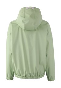 Ljust grön huva jacka med elastiska mudd och nederkant, sedd bakifrån, med en vit dragsko på huven.
