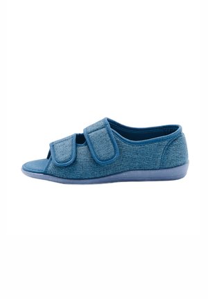 Pantofole in tessuto blu con texture a rete, punta aperta e fascette regolabili in velcro per una vestibilità sicura. Suola morbida per il massimo comfort.