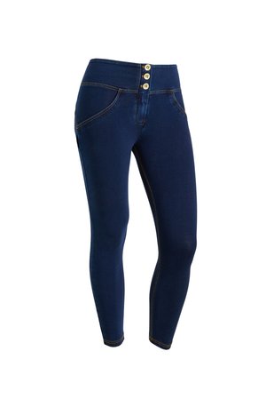 Leggings in denim blu scuro con un design aderente, caratterizzati da una vita alta, chiusura a tre bottoni e cuciture gialle a contrasto.