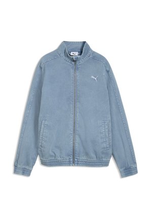 Veste zippée bleu clair avec col montant, poignets et ourlet élastiques, poches latérales et petit logo Puma sur la poitrine.