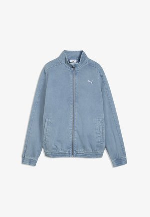 Hellblaue Zip-Up-Jacke mit Stehkragen, elastischen Bündchen und Saum, Seitentaschen und kleinem Puma-Logo auf der Brust.