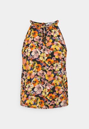 Ærmeløs haltertop med nøglehulshalsudskæring, med livligt blomsterprint i orange, gul, pink og grøn på sort baggrund.