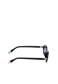 Lunettes de soleil noires à monture ronde vues de profil, avec des accents dorés sur les branches et les extrémités.