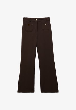 Bruine wijde broek met hoge taille, sluiting met knopen aan de voorkant en twee voorzakken met decoratieve knopen.