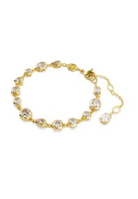 Gouden armband met afwisselend peer- en kussenslijpvormige heldere edelstenen en een karabijnsluiting met verstelbare ketting.