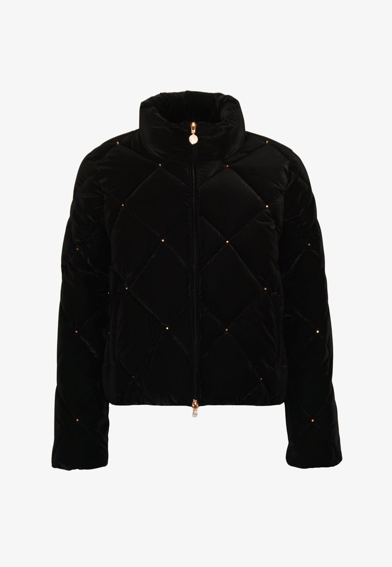 Black velvet puffer jacket with a high collar, diamond quilt pattern, gold accent studs, and front zip closure. Soft texture, cropped design.