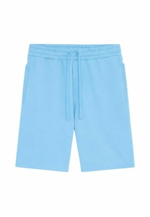 Shorts décontractés bleu clair avec taille élastique et cordon de serrage, dotés de poches latérales et d'une coupe longueur genou.
