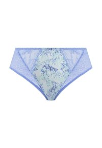 Lichtblauwe broek met bloemen- en luipaardpatronen, kantaccenten en een zachte, transparante textuur. Ontworpen voor comfort en pasvorm.