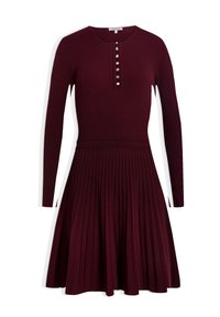 Vestido burdeos con relieve y mangas largas, que presenta un escote redondeado y una tapeta de botones. La falda es plisada con una cintura ajustada.
